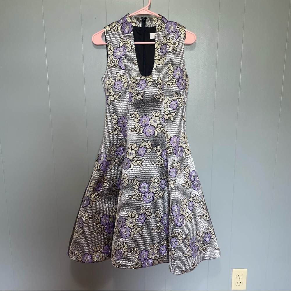 Belle Badgley Mishka Jacquard Fit and Flare Purple Silver Floral V-Neck Dress 4